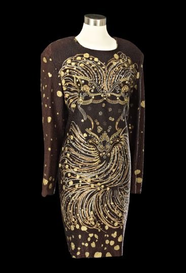 Zandra Rhodes Party Dress: Zandra Rhodes Party Dress, of brown crinkle rayon-blend fabric embellished with a hand-painted Phyllis Diller-type figure, complete with glasses, brilliants and studs scattered throughout, with long s
