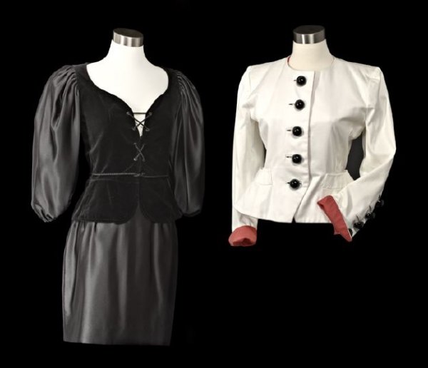 Three-Piece Group of Yves St. Laurent Couture: Three-Piece Group of Yves St. Laurent Couture, consisting of a two-piece cocktail dress, the black satin bodice with black silk cord and tassel for lace-up front, puffed sleeves, the skirt with waist 