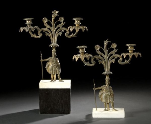 Pair of American "Indian Warrior" Girandoles: Pair of American Gilt-Lacquered Brass and Marble "Indian Warrior With Spears" Girandoles, mid-19th century, each with two lights on foliate and floral-modeled arms, the standard depicting an American 