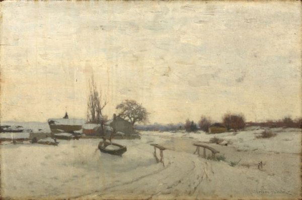 Stephen Maxfield Parrish (America, 1846-1938): Stephen Maxfield Parrish (American/Pennsylvania, 1846-1938) "New England Winter Landscape with Bridge Over a Frozen River", oil on panel, signed lower right "Stephen Parrish", 12" x 18". Unframed. Ste