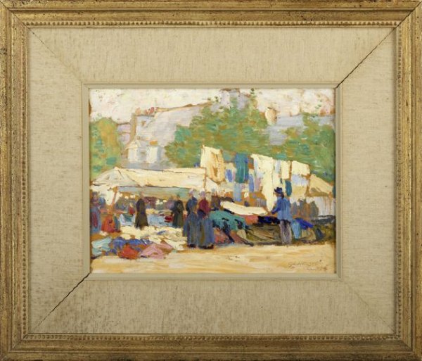 George Laurence Nelson (American, 1887-1978): George Laurence Nelson (American/Connecticut, 1887-1978) "A Brittany Market", oil on board, signed lower right "G. L. Nelson", verso with exhibition entry label "Salmagundi Club, Thumb-Box Exhibition,