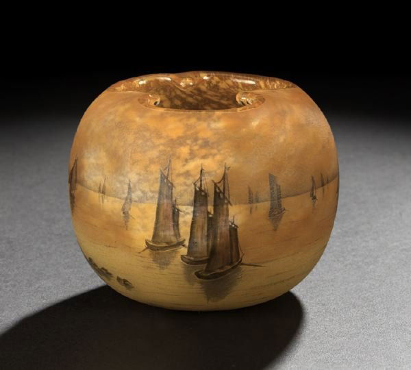 Daum, Nancy, Vasa Murrhina Glass Cabinet Vase: Daum, Nancy, Vasa Murrhina Glass Cabinet Vase, first quarter 20th century, of diminutive spherical form, acid-finished and enameled in "Sailboats at Sunset" decor, the lip tooled in a trefoil configur