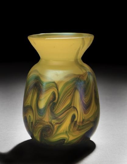 Johann Loetz-Witwe Yellow Glass Cabinet Vase: Johann Loetz-Witwe Citron Yellow Glass Cabinet Vase, first quarter 20th century, with iridescent green and blue comb-ups in the Art Nouveau taste, signed on the polished pontil in engraved script "Loe