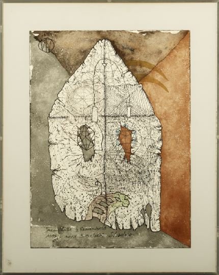 William T. Wiley (American/California, b. 1937): William T. Wiley (American/California, b. 1937) "Mean Little 1/2 Remembered Mask with 5 o'clock Shadow", 1973, ink and watercolor on paper, dated and monogrammed upper left, titled lower left, verso r