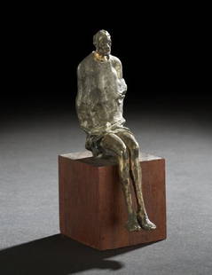 Richard Rosenblum (American/Louisiana, 1940-2000): Richard Rosenblum (American/Louisiana, 1940-2000), cast and patinated bronze sculpture of a robed man seated on a wood plinth, the figure's lower back with incised signature, h. 5-1/4", w. 2", d. 3-1/