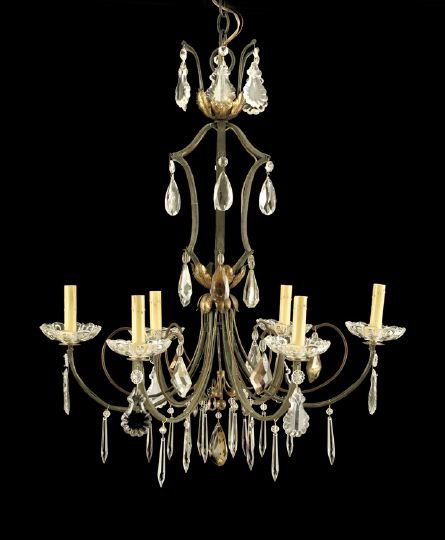 Continental Six-Light Chandelier: Continental Six-Light Chandelier, of parcel gilt and blackened wrought iron in pagoda form, dressed with topaz and colorless glass pendalogues of teardrop and kite form, panel-cut glass spears, facete