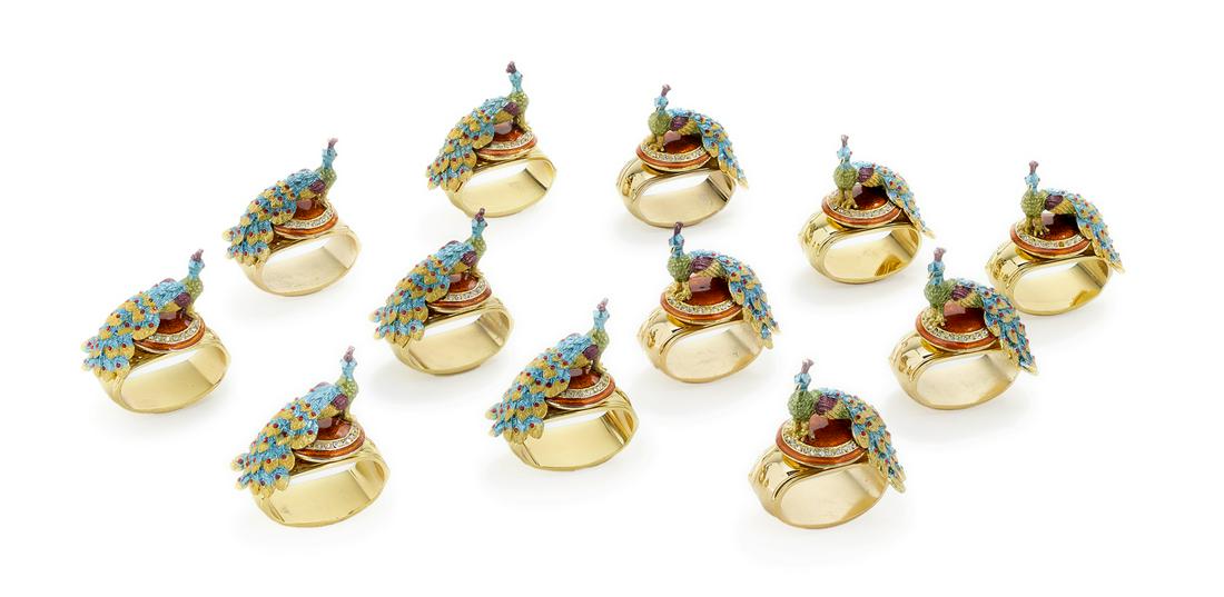 Set of Twelve Hans Turnwald Peacock Napkin Jewels (1 of 2)