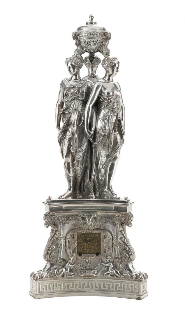Large Napoleon III Bronze Argente Figural Clock: Large Napoleon III Bronze Argente Figural Clock third quarter 19th century, by Auguste Lemaire (ca. 1816-1876), Paris, after the Germain Pilon (French, ca. 1525-1590) ca. 1590 original "Three Graces",