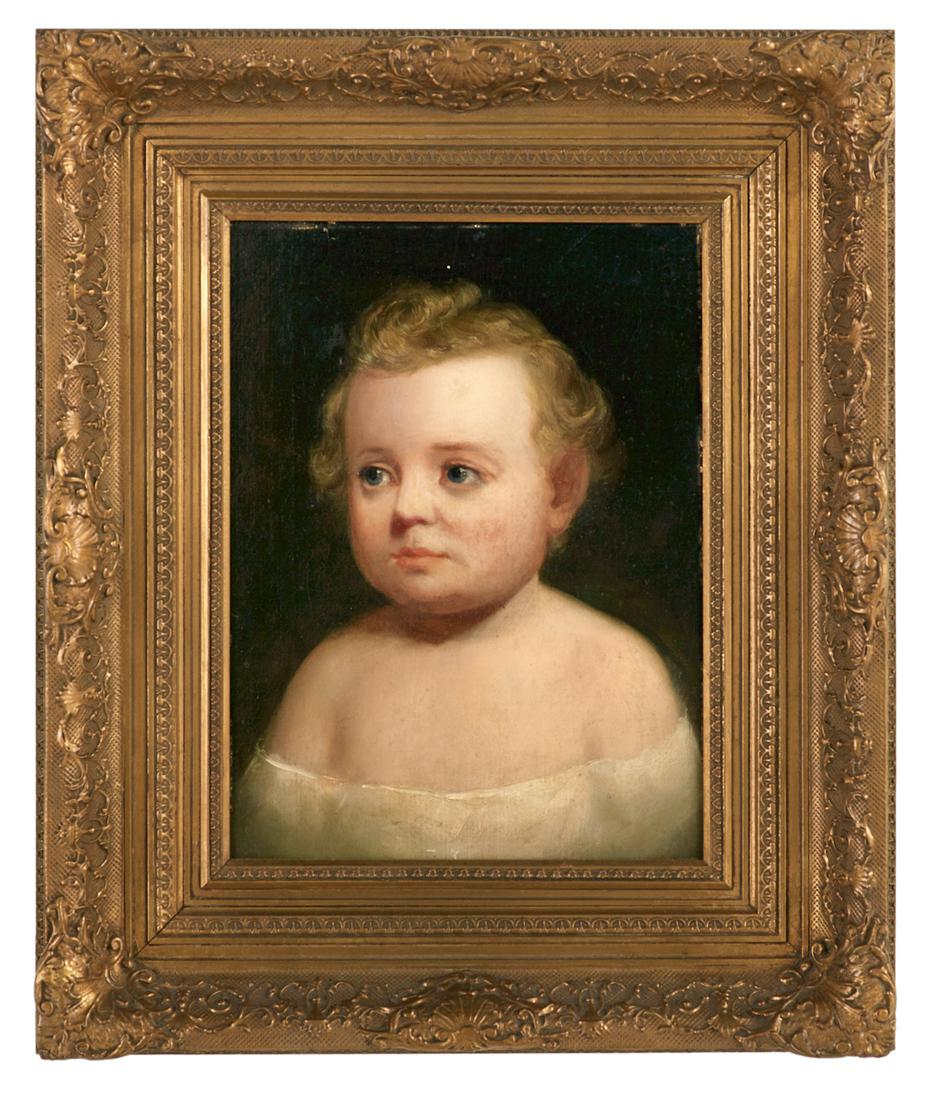 Manner of Thomas Sully (British/US, 1783-1872): Manner of Thomas Sully (British/American, 1783-1872) "Portrait of a Young Child with Flaxen Curls" oil on wood panel unsigned. Framed. 13-3/4" x 10-1/2", framed 21-1/2" x 18"
