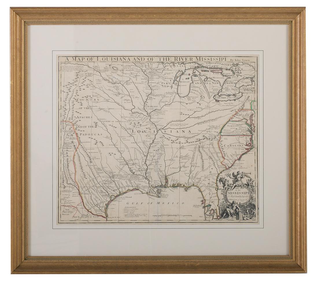 A Map of Louisiana and of the River Mississipi: "A Map of Louisiana and of the River Mississipi [sic]" by John Senex, copper-plate engraving with hand-coloring, published London, 1721. Matted, glazed and framed. pl. 19-1/4" x 22-5/8", framed 30-1/4