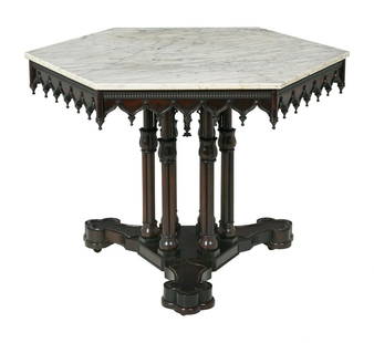 American Gothic Revival Marble-Top Center Table: American Gothic Revival Rosewood and Marble-Top Center Table ca. 1845, after a design by Alexander Jackson Davis, and probably executed by Alexander Roux, New York, the period hexagonal marble top wit