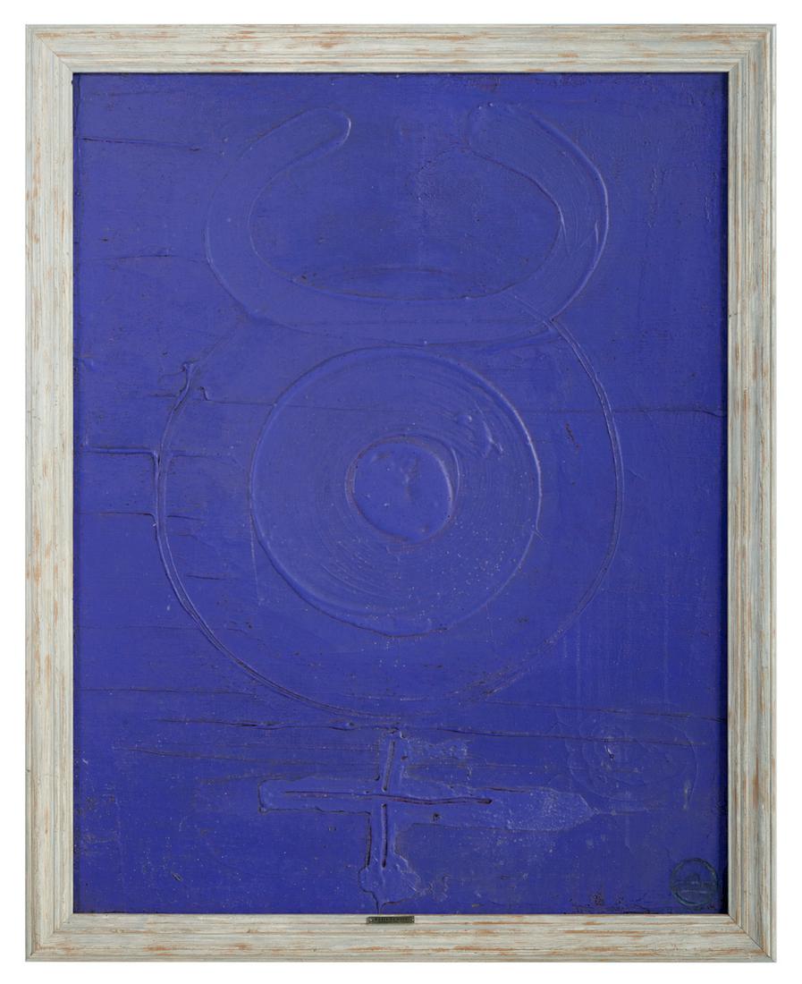 Peter Upward (Australian, 1932-1984): Peter Upward (Australian, 1932-1984) "Taurus with Venus" oil and PVA on canvas signed, titled and inscribed "Rowan Gallery" en verso. Framed. 45" x 30", framed 50" x 40" Provenance: Private collection