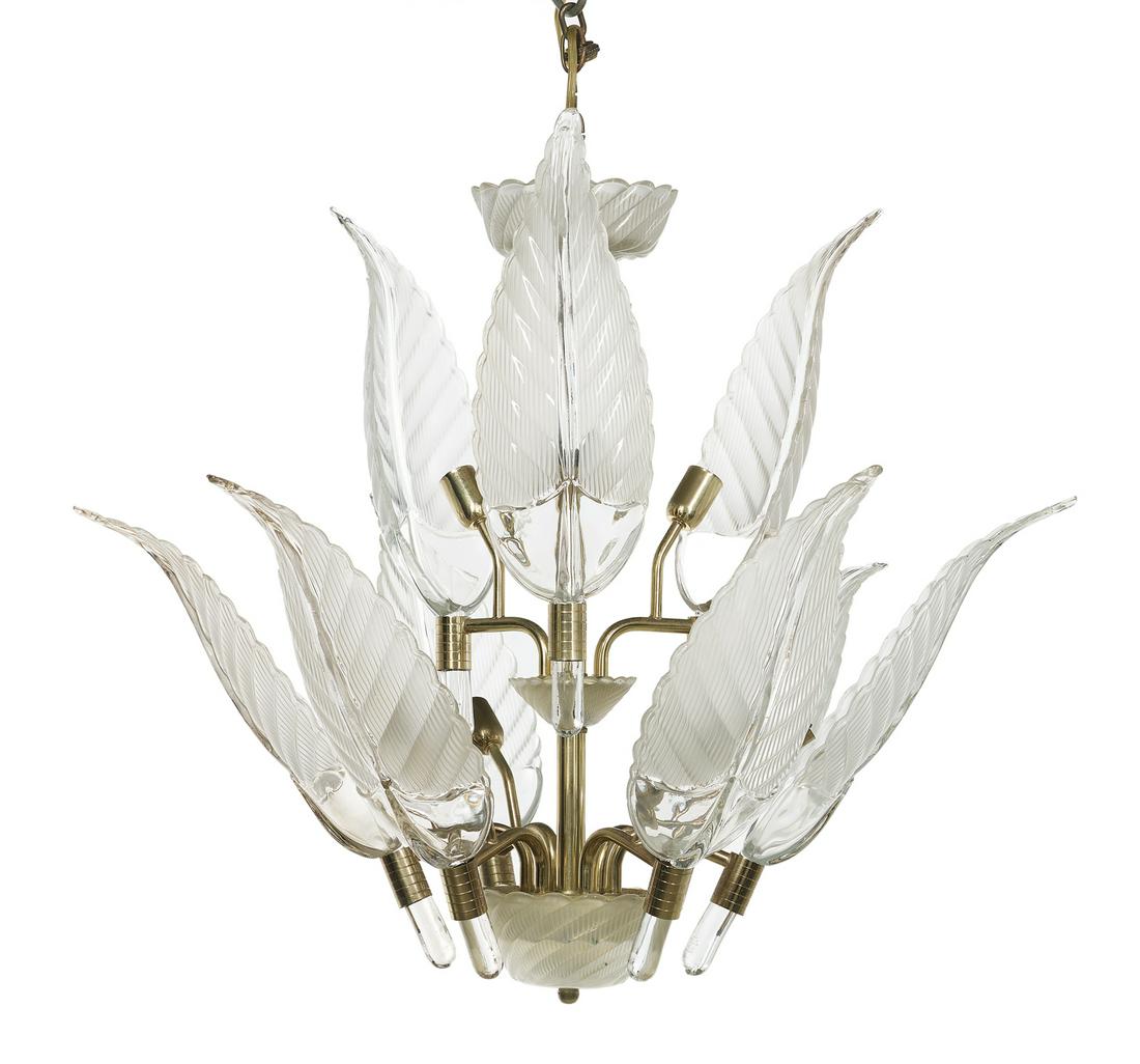 Franco Luce Modernist Murano Glass Chandelier: Franco Luce Modernist Murano Glass and Brass Chandelier 20th century, Italian, the six-light chandelier with frosted leaf-form shades and brass fittings. h. 25-1/2", dia. 30-1/2"