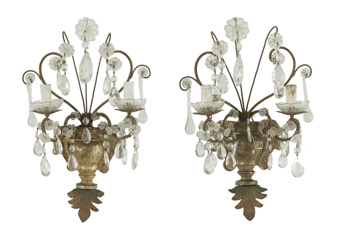 Pair of Italian Giltwood and Glass Sconces: Pair of Italian Giltwood, Gilt-Metal and Glass Sconces second quarter 20th century, the two-light sconces with urn-form giltwood backplates set with gilt-metal scrollwork supporting sprays of glass dr