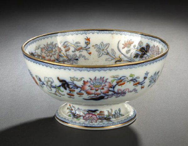Staffordshire Pottery Footed Fruit Bowl: Staffordshire Pottery Footed Fruit Bowl, second quarter 19th century, polychromed and transfer printed in "Chinese Vase and Flowers" decor, perhaps by Thomas Pinder (active 1848/9-1851), Swan Bank Wor