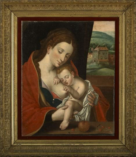 Manner of Joos van Cleve (Flemish, ca. 1485-1540): Manner of Joos van Cleve (Flemish, ca. 1485-1540) "Madonna of the Cherries", 17th-century oil on canvas, unsigned, verso with old inventory label "Ecole Flamande du XVII Siecle, 13 - La Madone Aux Cer
