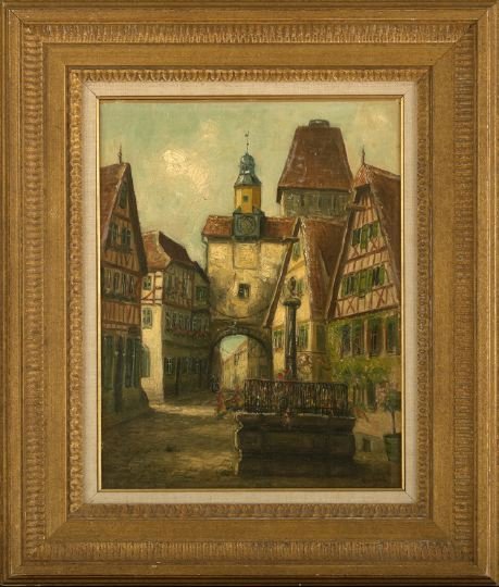 Alphonse Leon Quizet (French, 1885-1955): Alphonse Leon Quizet (French, 1885-1955) "View of a Village Street in France", oil on canvas, signed lower right "Quizet", with a partial Christie's inventory label en verso, 17-1/2" x 13-1/2". Handso