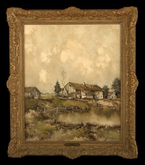 Willi Bauer (German, b. 1923): Willi Bauer (German, b. 1923) "Bai, Dachau, Germany", oil on canvas, signed lower right "W. Bauer", signed and titled on the reverse, retains gallery inventory label "The W. T. Burger Co.", with artis