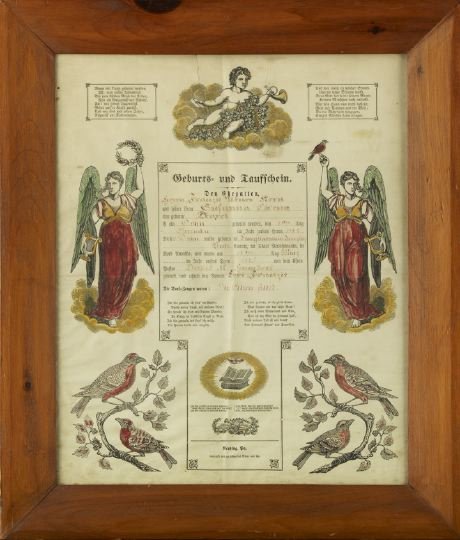 Pennsylvania German Birth and Baptism Broadside: Pennsylvania German Fraktur "Geburts und Taufschein" ["Birth and Baptism"] Broadside, 19th century, made for Levi Franzis Kern, born December 1, 1874, baptized March 10, 1875, in Longswamp Township, B