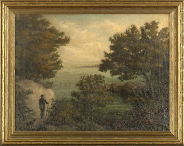 Hudson River School (19th Century): Hudson River School (19th Century) "A Hunter and His Dog on a Cliff Overlooking the River", oil on canvas, unsigned, 17-3/4" x 23-1/2". Presented in a contemporary frame.