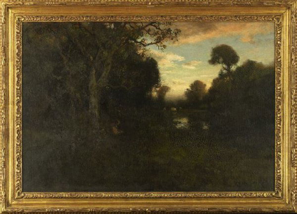 William Keith (Scottish/American, 1838-1911): William Keith (Scottish/American, 1838-1911) "Figures and Sheep Resting in a Forest Clearing", oil on canvas, signed and indistinctly inscribed and dated "W. Keith", "S.F./04?", 24" x 36". Presented i