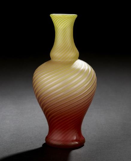 Stevens & Williams, Art Glass Cabinet Vase: Fine and Rare Stevens and Williams, Stourbridge, Art Glass Cabinet Vase, the satin-finished cased rose and citron over opal "Pompeian Swirl" (also known as Verre de Sole) vase introduced in 1886, h. 7