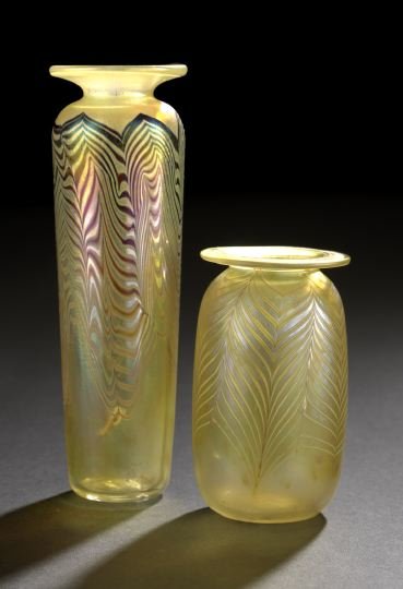 Two Charles Miner Citron Glass Cabinet Vases: Two Charles Miner Iridized Citron Glass Cabinet Vases, 1991 and 1987, New Mexico, in the Art Nouveau taste, the first a 1991 iridized amethyst "feather comb-up" vase of tapering cylindrical form, h. 6
