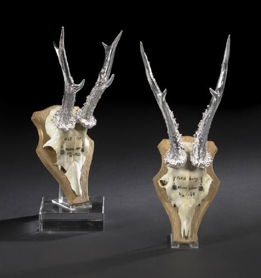 Pair of Mounted Chromed Roe Deer Antlers: Pair of Mounted Chromed Roe Deer Antlers, 20th century, each mounted in the traditional way, the horns now chrome plated, h. 10" and 12".