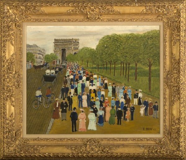 Ernest Bray (French, 1883-1969): Ernest Bray (French, 1883-1969) "Retour de Courses a Longchamp, L'Avenue du Bois, Epoque 1900", oil on canvas, signed and dated lower right "E. Bray 62", titled on an old paper label affixed to verso 