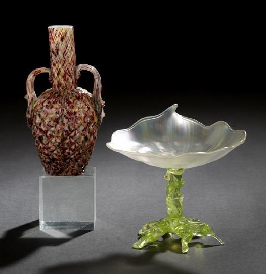 Two Piece s of Stevens and Williams Glass: Two-Piece Group of Stevens and Williams, Stourbridge, Glass, consisting of a fine and rare pale green "tree trunk"-footed iridescent frosted colorless glass sweetmeat stand of stylized leaf form, four