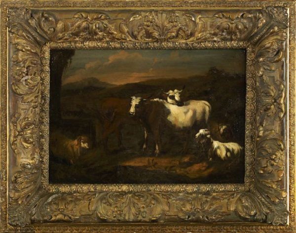 Circle of Philipp Peter Roos (German, 1657-1706): Circle of Philipp Peter Roos (German, 1657-1706) "Nocturnal Mountainous Landscape with Cows, Goats and Sheep", oil on slate, unsigned, 11-1/2" x 16-1/2". Presented in a 19th-century heavily molded flo