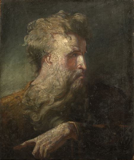 Attr. to William Hilton, Jr. (British, 1786-1839): Attributed to William Hilton the Younger (British, 1786-1839) "Study of an Elderly Man", oil on canvas, unsigned, inscribed on stretcher verso "Hilton R. A." and identified on an old paper label "Hilt