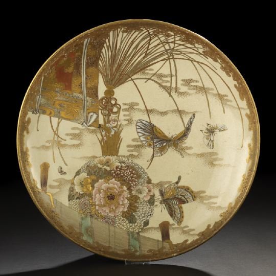 Large Japanese "Imperial" Satsuma Charger: Large Japanese "Imperial" Satsuma Charger, ca. 1880, of deep form, finely decorated in overglaze enamels and gilding depicting butterflies, chrysanthemums, peonies, iris and grasses with the corner of