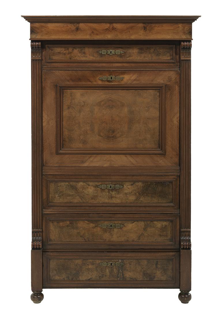Napoleon III Walnut Secretaire a Abattant: Napoleon III Walnut and Burl Secretaire a Abattant late 19th century, the molded cornice above a case fitted with a plain frieze over a single paneled drawer, above a drop front opening to a variety o