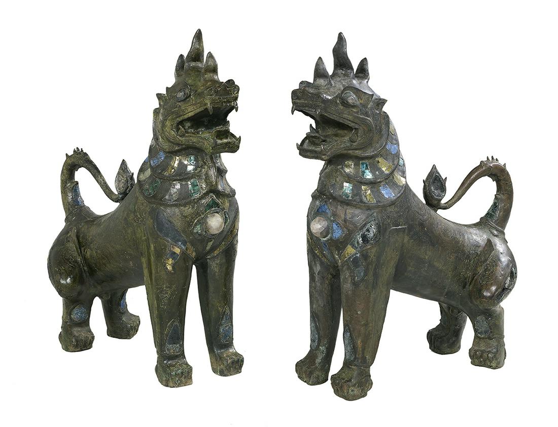 Pair of Patinated Bronze Foo Dogs (1 of 1)