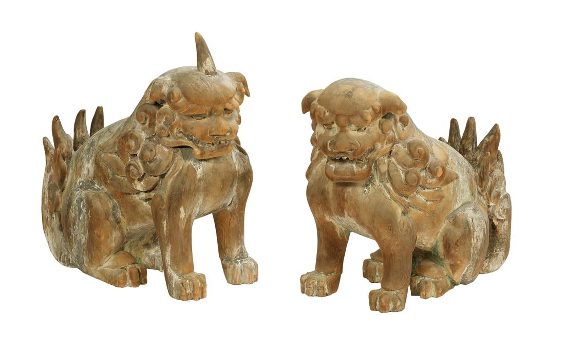 Pair of Chinese Carved Wooden Foo Dogs (1 of 2)