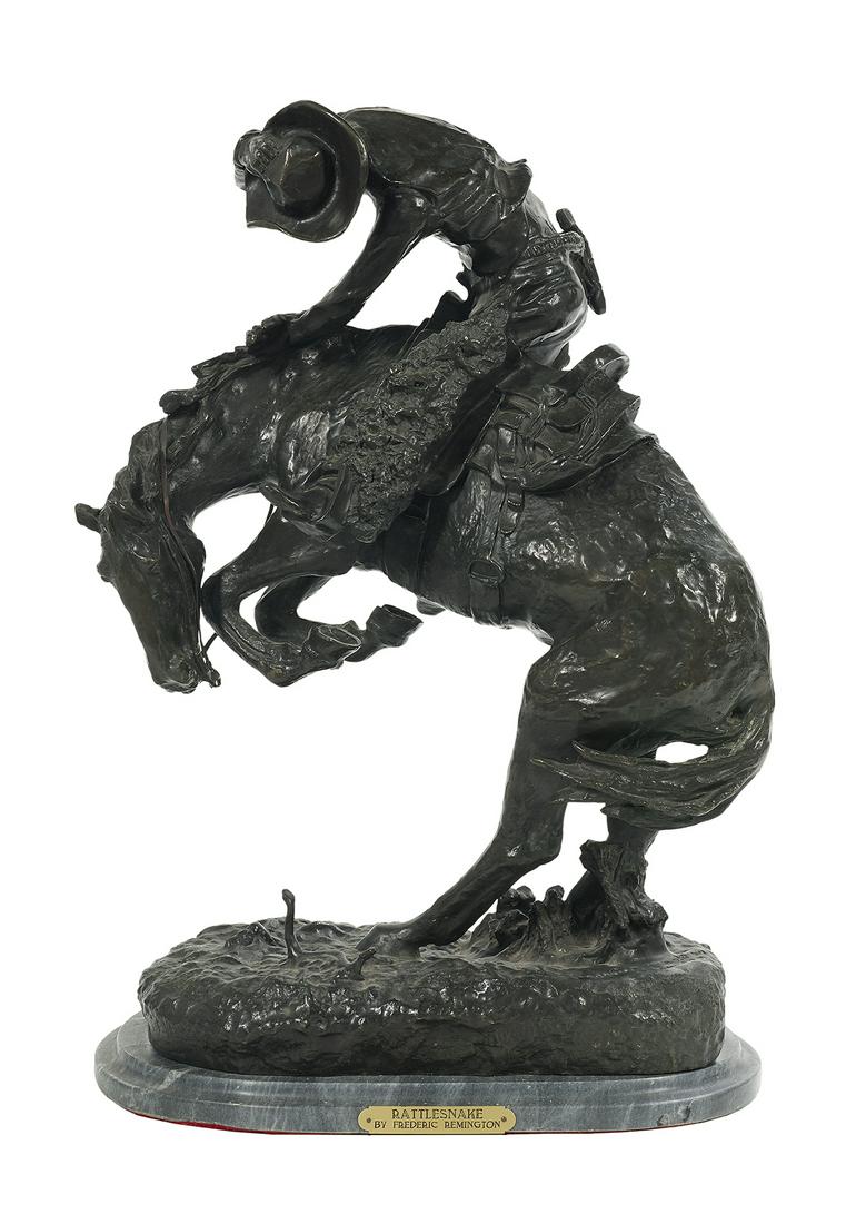 After Frederic Remington (American, 1861-1909): After Frederic Sackrider Remington (American, 1861-1909) "Rattlesnake", late 20th century patinated bronze on a composition marble base with a cast signature, and a plate marked "Rattlesnake by Freder