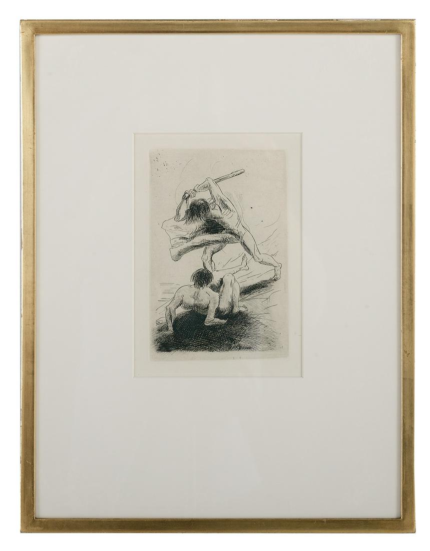 Odilon Redon, (French, 1840-1916): Odilon Redon (French, 1840-1916) "Cain and Abel" etching Matted, glazed and framed. sight 8-1/2" x 5-1/2", framed 17-3/4" x 13-1/2"
