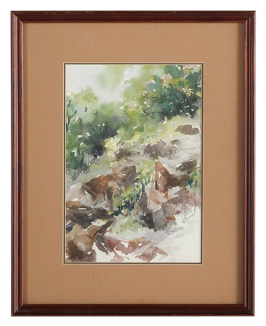 Billy Price Carroll, (American, 1920-2011): Billy Price Carroll (American, 1920-2011) "Landscape with Rocks and Trees" watercolor on paper signed lower right. Matted, glazed and framed. sight 12" x 8-1/4", framed 18-1/2" x 15"