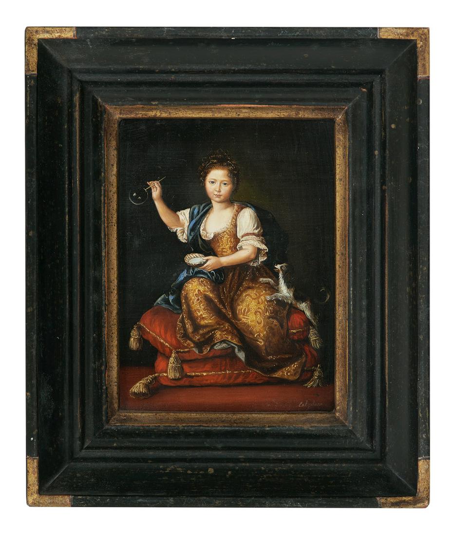 Ida Calzolari, (Italian, b. 1936): Ida Calzolari (Italian, b. 1936) "Young Girl Blowing Bubbles, Seated on Red Velvet Cushions with Golden Tassels" after a painting by Pierre Mignard (French, 1612-1695) oil on copper signed lower right