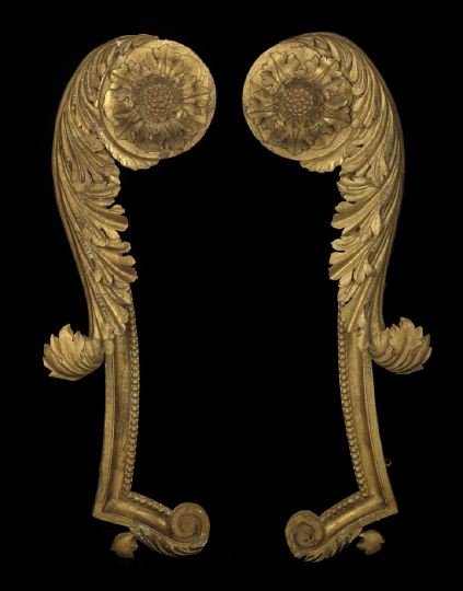 Pair of French Carved Giltwood Drapery Valences: Grand Pair of French Carved Giltwood Drapery Valences, first quarter 20th century, of monumental proportions in the Louis XVI style, modeled as a pair of brackets with acanthine-carved bases terminati