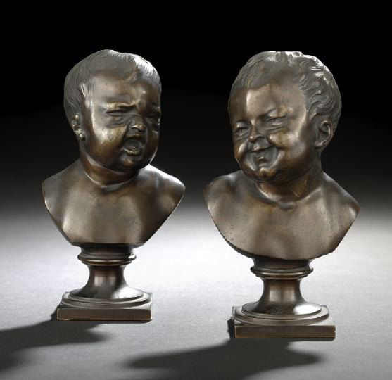 Franz Xaver Messerschmidt (German, 1736-1793): Franz Xaver Messerschmidt (German, 1736-1793), a pair of patinated bronze tabletop busts of, respectively, a crying baby and a laughing baby, fourth quarter 19th century, both on integral waisted bron