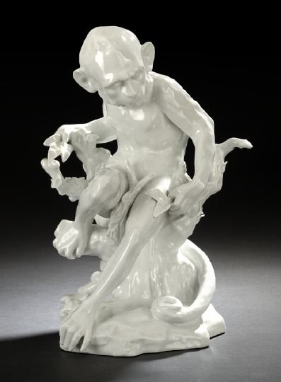 Italian Blanc de Chine Figure of a Monkey: Italian Blanc de Chine Porcelain Figure of a Monkey, second quarter 20th century, the large primate modeled seated on a fruited tree trunk in the 18th-century style, h. 12-1/2", w. 8-3/4".