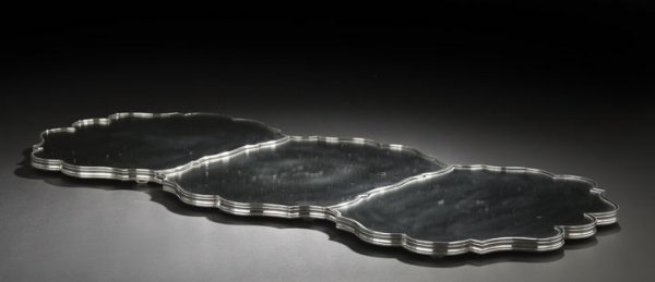 Edwardian Three-Piece Silverplate Plateau: Edwardian Three-Piece Silverplate and Mirrored Glass Plateau, first quarter 20th century, the molded sides of shaped "Chippendale" form, each section with a conforming mirrored plate, w. 21-1/2", l. 4