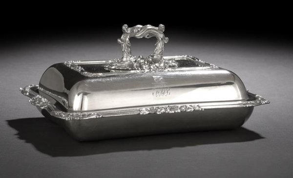 Victorian Old Sheffield Plate Entree Dish: Victorian Old Sheffield Plate Entree Dish, second quarter 19th century, by John Watson & Son, Sheffield, of rounded rectangular form, the molded rim with floral clusters at the sides and acanthus scro