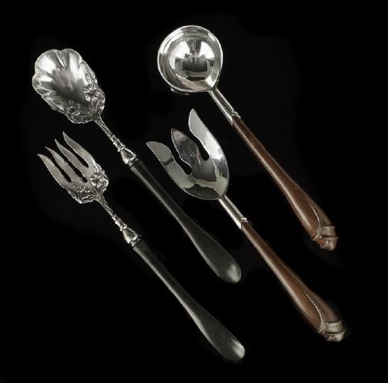 Two Silver/Silverplate Salad Serving Sets: Two Wooden-Handled Silver/Silverplate Salad Serving Sets, 20th century, the first a silverplate set in the "Gloria" pattern, designed in 1906 by William A. Jameson for William A. Rogers, New York, wit