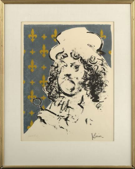 Jack Levine (American/New York, b. 1915): Jack Levine (American/New York, b. 1915) "The Art Lover", 1967, lithograph in black, blue and yellow ochre on Arches paper, signed lower right in black conte crayon "J. Levine", inscribed lower left i