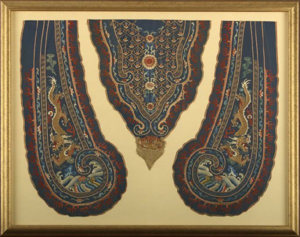 Unusual Framed Chinese Altar Panel: Unusual Framed Chinese Altar Panel, 19th century, executed in colored silk threads and composed of two scroll-end panels and a shaped triangular panel, the triangular panel with floral latticework bor