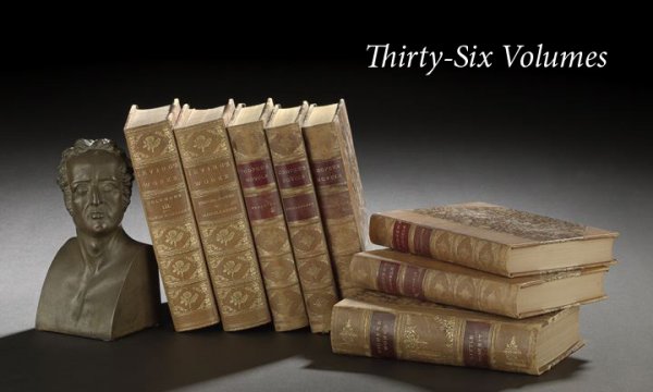 Thirty-Six Decorative Bindings: Thirty-Six Decorative Bindings, including Washington Irving (1783-1859) eight volumes of his Works, New York: Putnam's, n.d., ca. 1885, the "Spuyten Duyvil" edition, Charles Dickens (1812-1870), eight