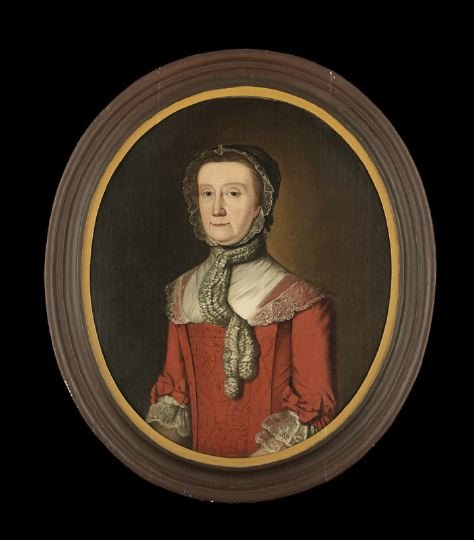 British School (19th Century): British School (19th Century) "Portrait of a Woman in a Red Dress with White Lace Trim and a Wool Scarf", oval oil on canvas, unsigned, 30" x 25". Handsomely framed.